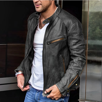 Men's Premium Slim Fit Motorcycle Leather Jacket in Black, size 5XL, featuring zippered design, modeled with jeans.