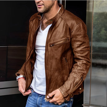 Men's premium slim fit motorcycle leather jacket in brown, featuring zippered design, shown on a model wearing jeans with a beard, emphasizing fashion, cool style, and sleeve details with collar and neck visible.