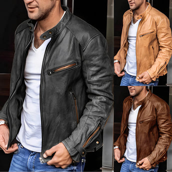 Men's premium slim fit motorcycle leather jacket in black, featuring brown zippered accents.