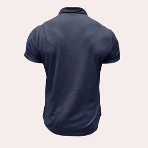 Men's quick-dry navy blue athletic shirt with short sleeves and a breathable, lightweight fabric.