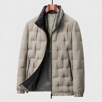 Men's beige quilted insulated lightweight winter jacket in size 4XL, featuring a windproof design with a high collar and long sleeves, displayed on a mannequin against a neutral background.
