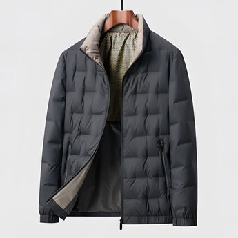 Men's black quilted insulated lightweight winter jacket in 4XL size, featuring a windproof design, long sleeves, and a collar.