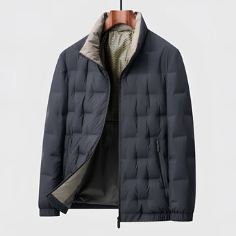Men's blue quilted insulated winter jacket in size 4XL with long sleeves and a high collar.