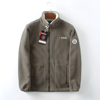 Men's 3XL red high-neck full zip fleece jacket with long sleeves and a warm design suitable for winter, featuring a collar and stylish finish.