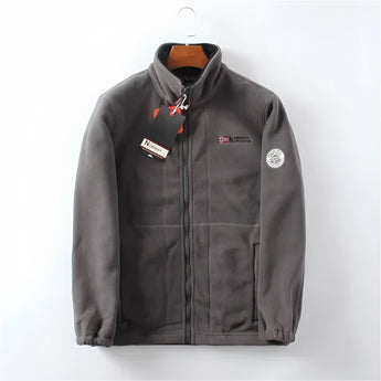Men's red high-neck full zip fleece jacket, featuring long sleeves and a warm collar, perfect for winter outerwear.