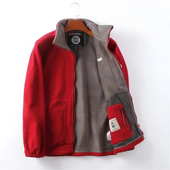 Men's red high-neck full zip fleece jacket with long sleeves, designed for warm winter outerwear.