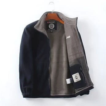 Men's red high-neck full zip fleece jacket displayed on a mannequin, featuring long sleeves and a warm design suitable for winter outerwear.