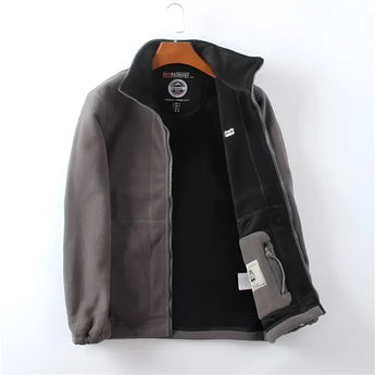 Men's red high-neck full zip fleece jacket, designed for warmth during winter, featuring a sleek collar and long sleeves, ideal for sportswear and casual fashion.
