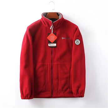 Men's red high-neck full zip fleece jacket in size 3XL, featuring long sleeves and a warm, cozy material perfect for winter outerwear.