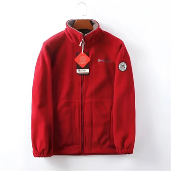 Men's red high-neck full zip fleece jacket designed for warmth during winter, featuring long sleeves and a stand-up collar.