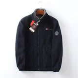 Men's red high-neck full zip fleece jacket with long sleeves, designed for warmth during winter, featuring a stylish collar and modern fit.