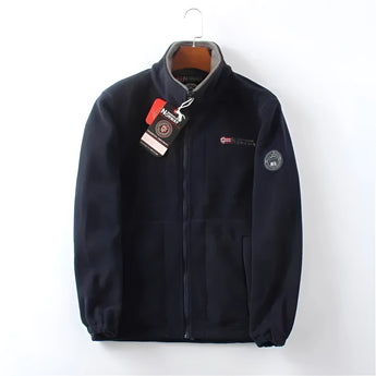 Men's red high-neck full zip fleece jacket with long sleeves, designed for warmth during winter, featuring a stylish collar and modern fit.