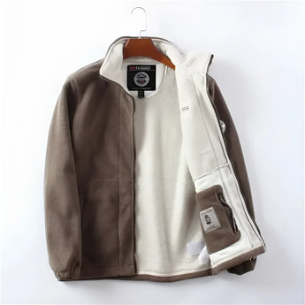 Men's red high-neck full zip fleece jacket featuring long sleeves and a collar, designed for warmth during winter.
