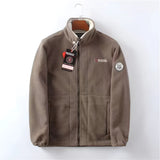 Men's red high-neck full zip fleece jacket with long sleeves, featuring a warm and cozy design suitable for winter wear.
