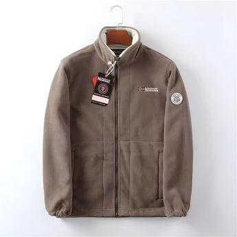 Men's red high-neck full zip fleece jacket with long sleeves, featuring a warm and cozy design suitable for winter wear.