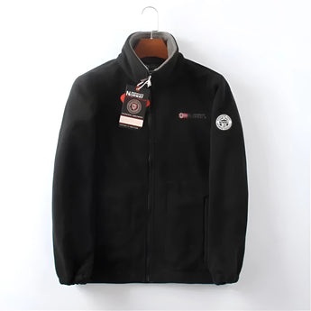 Men's red high-neck full zip fleece jacket with long sleeves, designed for warm winter outerwear.