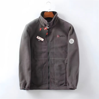 Men's gray high-neck full zip fleece jacket in size 3XL, featuring long sleeves and a warm collar, suitable for winter wear.