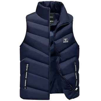 Men's marine blue insulated puffer vest, lightweight and water-resistant, with a high collar and button details, designed for outdoor activities like hiking.