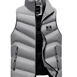 Men's red insulated puffer vest with a lightweight and water-resistant design, featuring a gray color in size 8XL, suitable for hiking and outdoor activities, with a high collar and sleeveless style.