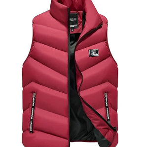 Men's red insulated puffer vest in Bordeaux color, featuring a lightweight and water-resistant design, suitable for hiking. The vest is shown in size 8XL and has a sleeveless cut with a collar.