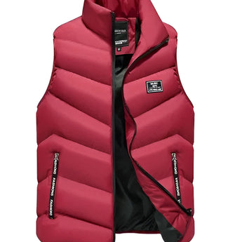 Men's red insulated puffer vest in Bordeaux color, featuring a lightweight and water-resistant design, suitable for hiking. The vest is shown in size 8XL and has a sleeveless cut with a collar.