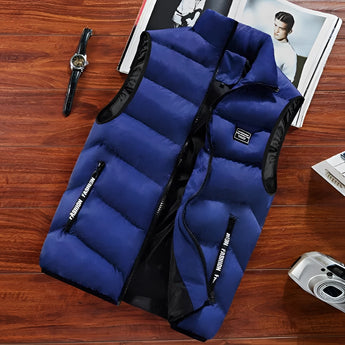 Men's blue insulated puffer vest, lightweight and water-resistant, suitable for hiking, shown in size 8XL.
