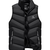 Men's black insulated puffer vest, lightweight and water-resistant, designed for hiking, with a high collar and sleeveless construction, suitable for outdoor activities.