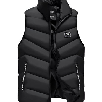 Men's black insulated puffer vest, lightweight and water-resistant, designed for hiking, with a high collar and sleeveless construction, suitable for outdoor activities.