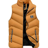 Men's yellow insulated puffer vest in size 8XL, featuring lightweight and water-resistant material, suitable for hiking and outdoor activities. The vest has a sleeveless design and is layered over a casual outfit.