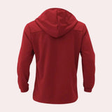 Men's oversized red hoodie featuring soft fabric with a street style design, highlighting a prominent collar and sleeves in a vibrant carmine color.