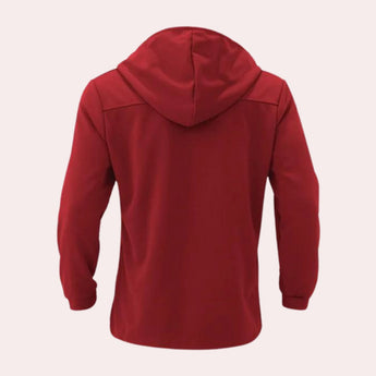 Men's oversized red hoodie featuring soft fabric with a street style design, highlighting a prominent collar and sleeves in a vibrant carmine color.