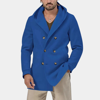 Men's blue oversized hoodie in soft fabric, featuring a street style design with a relaxed fit.