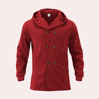 Men's red oversized hoodie with long sleeves and a soft fabric, featuring a street style design.