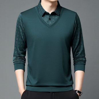 Men's dark green XL V-neck sweater with patterned shoulder, featuring long sleeves and casual office wear style.