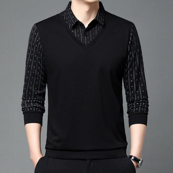 Men's black V-neck sweater in XL size, featuring patterned shoulders and long sleeves, suitable for casual office wear.