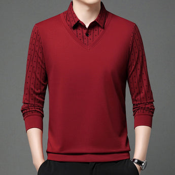 Men's red V-neck sweater in XL size featuring patterned shoulders, suitable for casual office wear, with visible sleeves and collar.