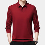 Men's red V-neck sweater with patterned shoulders, showcasing long sleeves and a comfortable fit, suitable for casual office wear.