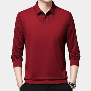 Men's red V-neck sweater with patterned shoulders, showcasing long sleeves and a comfortable fit, suitable for casual office wear.