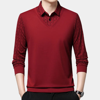 Men's red V-neck sweater with patterned shoulders, showcasing long sleeves and a comfortable fit, suitable for casual office wear.