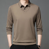 Men's red V-neck sweater with patterned shoulders, shown in khaki color in XL size, featuring long sleeves and suitable for casual office wear.