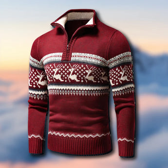 Men's red high neck winter sweater featuring a zippered closure and Scandinavian pattern, shown in size 2XL.