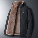 Men's reversible winter jacket featuring black and brown faux fur with a collar, button closure, and long sleeves, highlighting fashionable and versatile design.