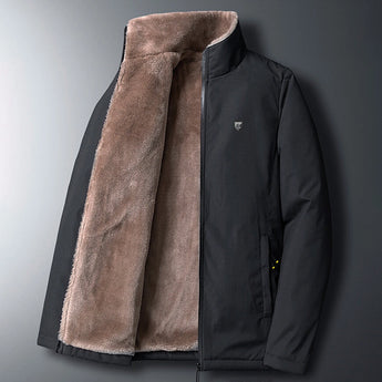 Men's reversible winter jacket featuring black and brown faux fur with a collar, button closure, and long sleeves, highlighting fashionable and versatile design.