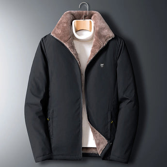 Men's reversible winter jacket in black, showcasing faux fur collar and sleeves, with a stylish and cozy design suitable for cold weather.