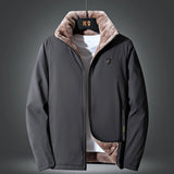 Men's reversible winter jacket in gray, featuring a high neck collar, long sleeves, and multiple pockets. The coat has a faux fur interior and is styled like a blazer. Suitable for cold weather, available in size 3XL.