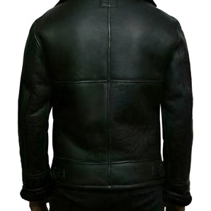 Men's grey leather jacket with a shearling collar, featuring long sleeves and a fitted waist, designed for winter motorcycle wear.