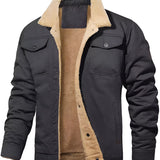 Men's black insulated winter jacket with sherpa lining and multiple pockets, featuring long sleeves and a classic collar, available in size 3XL.