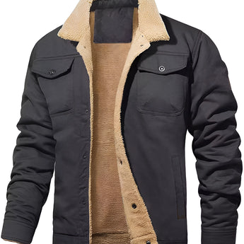 Men's black insulated winter jacket with sherpa lining and multiple pockets, featuring long sleeves and a classic collar, available in size 3XL.