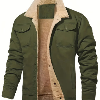Men's olive green sherpa-lined insulated winter jacket featuring a collar, sleeves, multiple pockets, and button closures, in a 3XL size.
