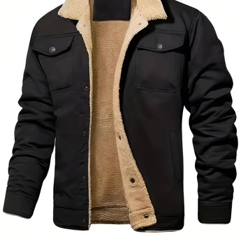 Men's black winter jacket in Nero color, size 3XL, featuring sherpa lining, multiple pockets, long sleeves, buttons, and a collar, designed for insulation and style.